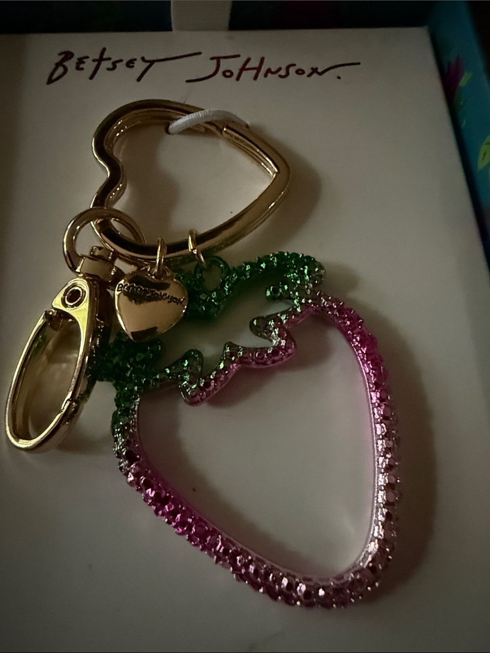 Betsey Johnson Pink & Green Strawberry Charm Keychain or Bag Charm. New! - Picture 3 of 4